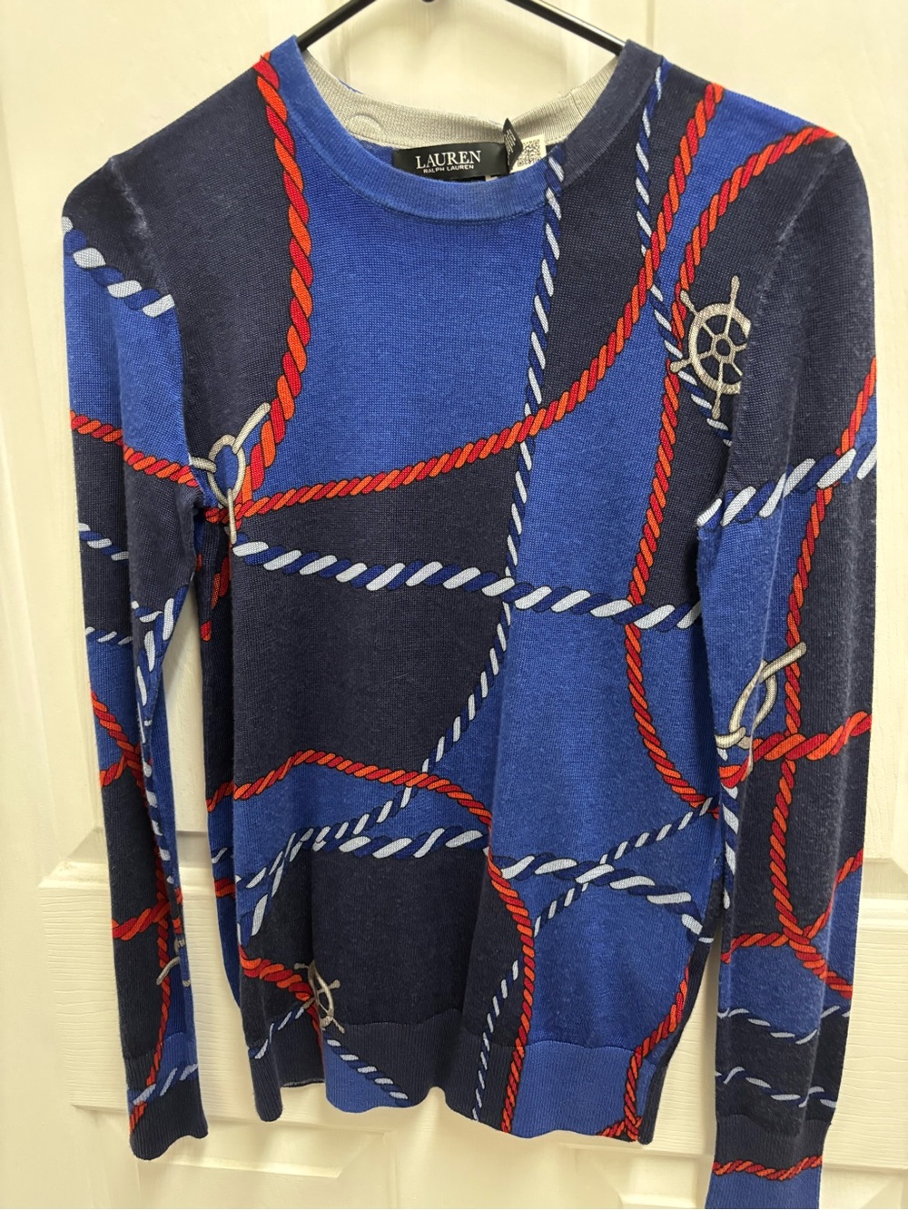 Ralph Lauren Blue Navy Crewneck Sweater with Red Rope Print